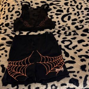 Black Top and Shorts with Orange Web Design